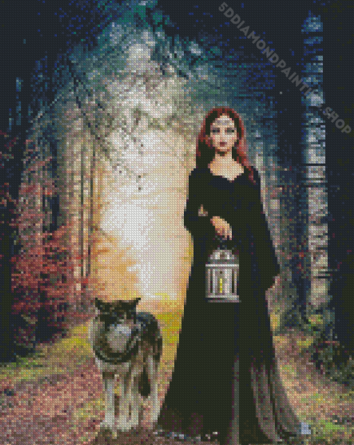 Woman And Wolf In Forest Diamond Painting