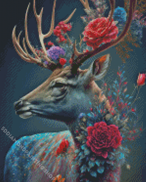 Stag With Flowers Diamond Painting