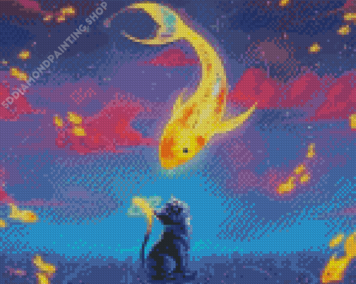 Cat Watching Koi Fish Diamond Painting