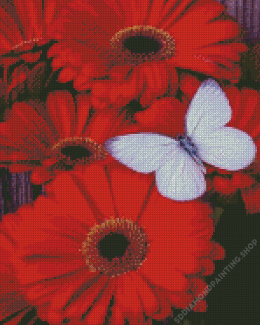 Red Flowers And White Butterfly Diamond Painting