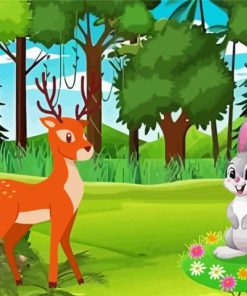 Deer And Rabbit In A Forest Diamond Painting