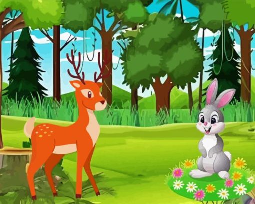 Deer And Rabbit In A Forest Diamond Painting