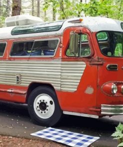 Red Vintage Bus In Forest diamond painting