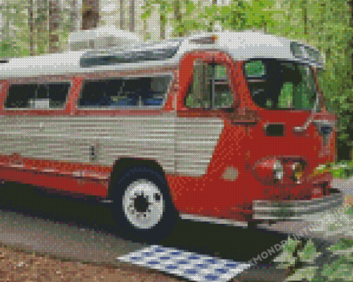 Red Vintage Bus In Forest diamond painting